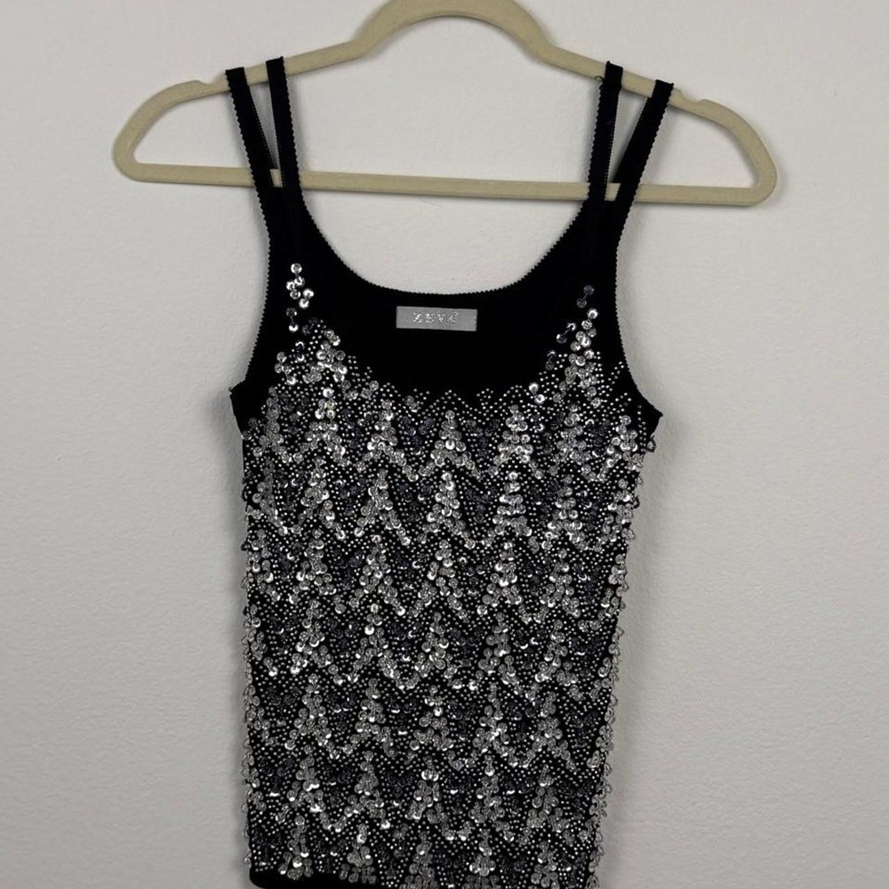 Vintage black sequin beaded cami top silver embellished party tank Y2K - Picture 3 of 5